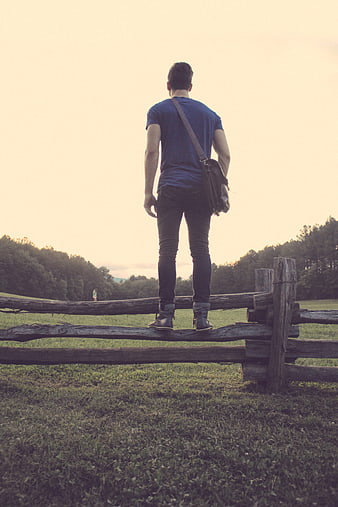 Man standing on wooden fence looking at sunset landscape