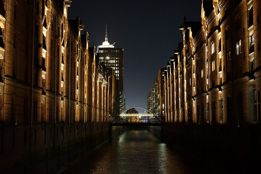 Hamburg Speicherstadt Canal Night Architecture