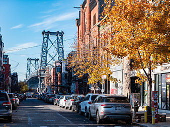 Brooklyn Street Scene with Williamsburg Bridge in Autumn