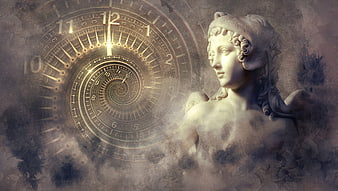 Surreal angel statue with spiral clock in mystical clouds