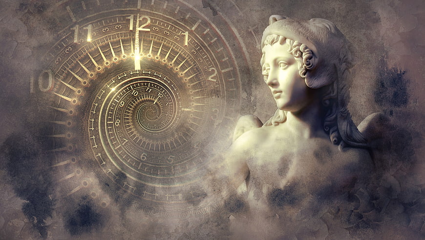 Surreal angel statue with spiral clock in mystical clouds