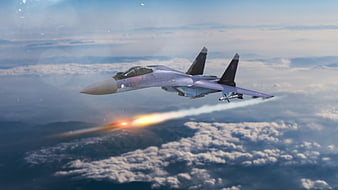 Sukhoi Su-35 fighter jet firing missile over clouds