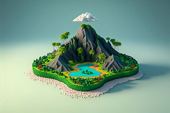 3D Isometric Tropical Island with Mountain and Lake
