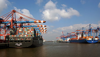 Container Ships and Cranes at Busy Industrial Port