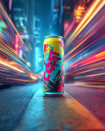 Vibrant Energy Drink Can in Neon Urban Night Setting