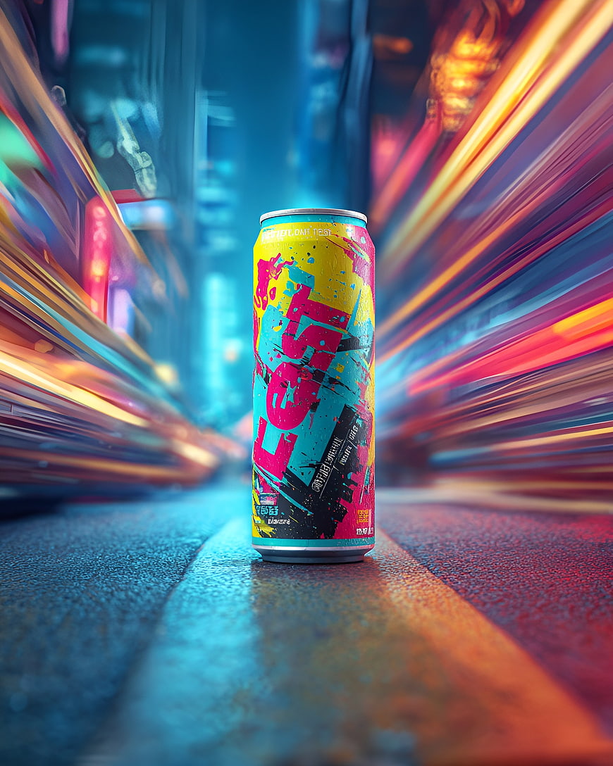 Vibrant Energy Drink Can in Neon Urban Night Setting