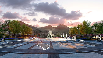 Architectural visualization of a public plaza with mountains at sunset