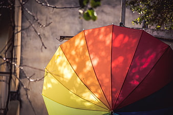 Colorful rainbow umbrella with dappled sunlight shadows