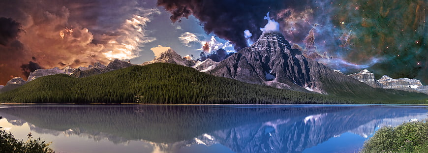 Fantasy mountain landscape with surreal nebula sky and lake reflection