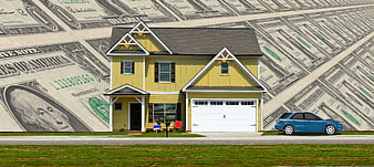Yellow suburban house with blue car against dollar bill background