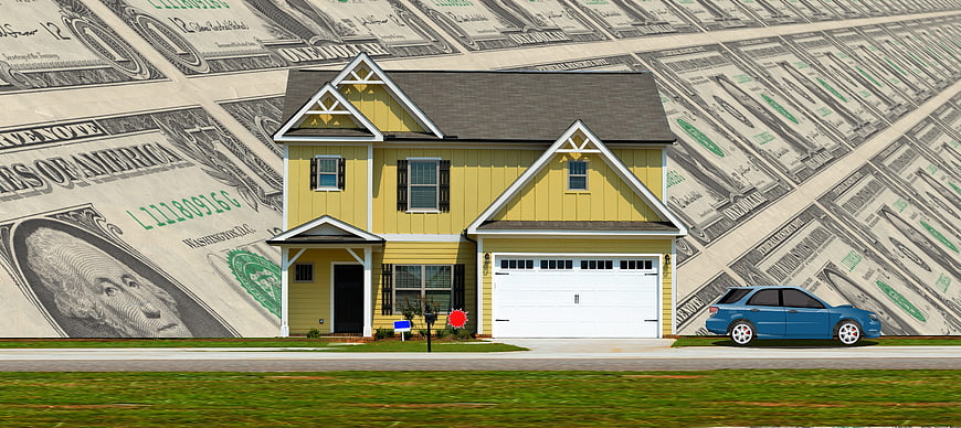 Yellow suburban house with blue car against dollar bill background