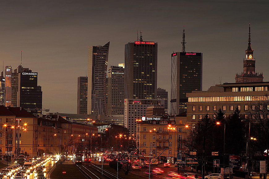 Warsaw City Skyline at Dusk with Traffic Light Trails