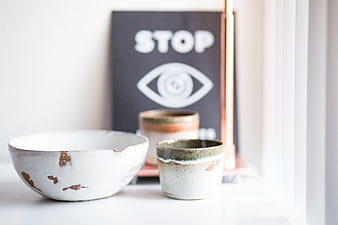 Handmade Ceramic Bowl and Cup with Art Print
