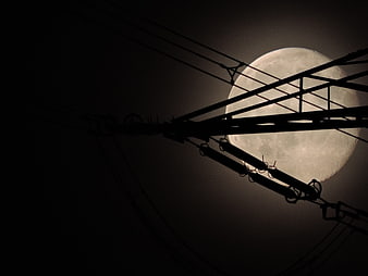 Silhouette of power lines against a full moon at night