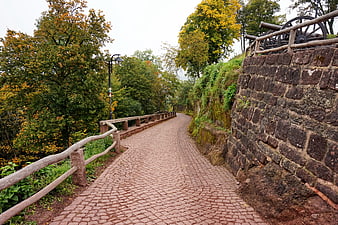 Cobblestone path winding through Wartburg Fortress in Eisenach, Germany