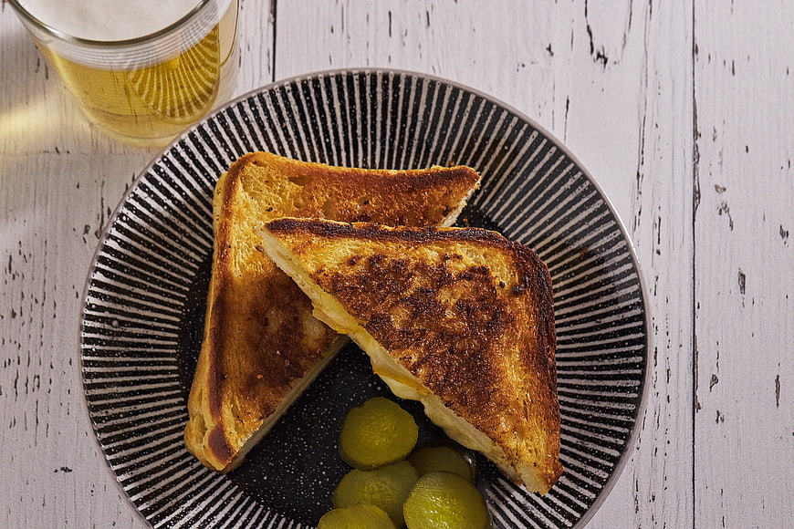 Grilled Cheese Sandwich with Pickles and Beer