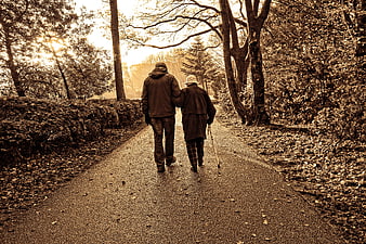 Senior couple walking arm in arm on a park path