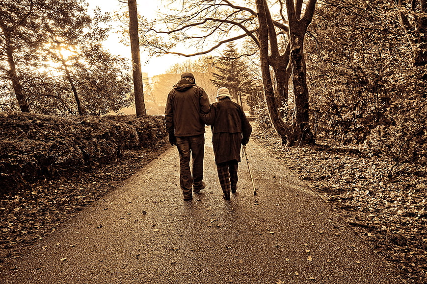 Senior couple walking arm in arm on a park path