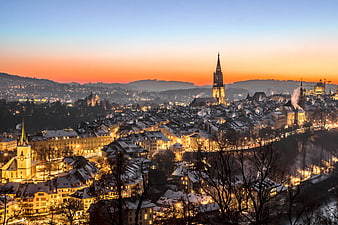 Bern Switzerland Winter Cityscape at Sunset with Snow and Fog