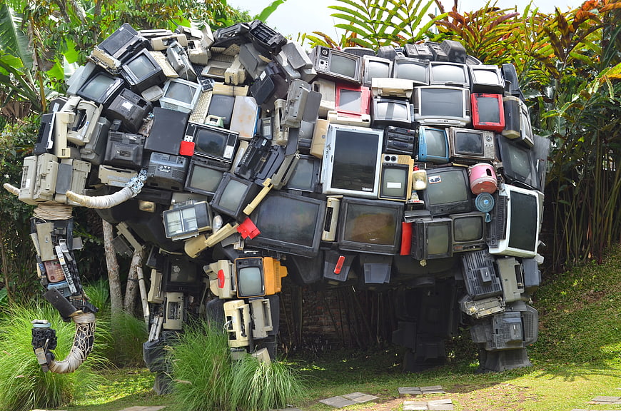 Elephant Sculpture Made Of Recycled Televisions In Tropical Garden
