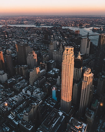 Aerial View of New York City Skyline at Sunset