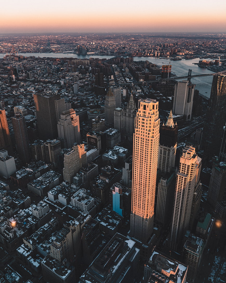 Aerial View of New York City Skyline at Sunset