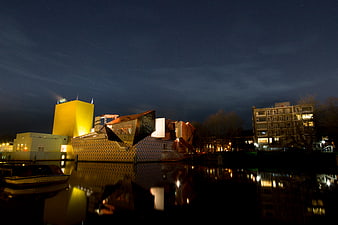 Groninger Museum Night Reflection on Canal