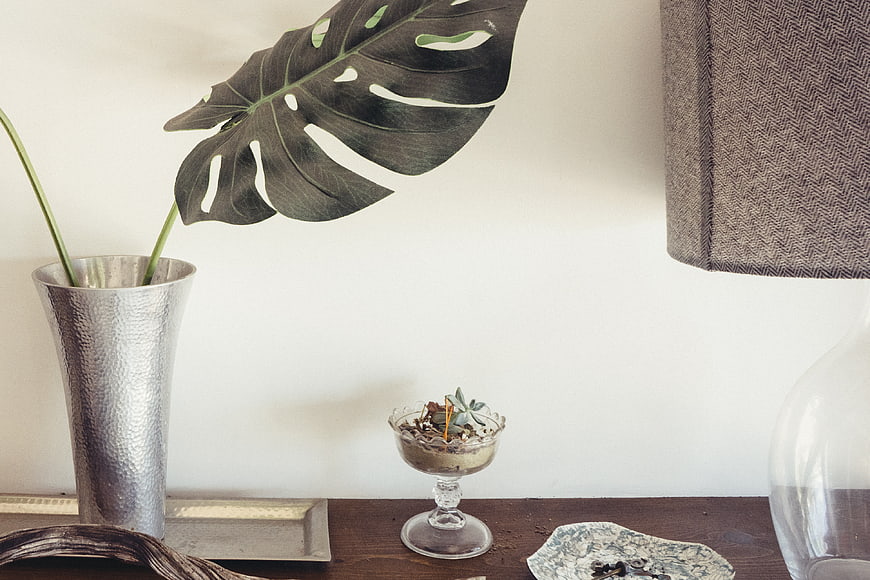 Modern interior decor with monstera leaf and silver vase
