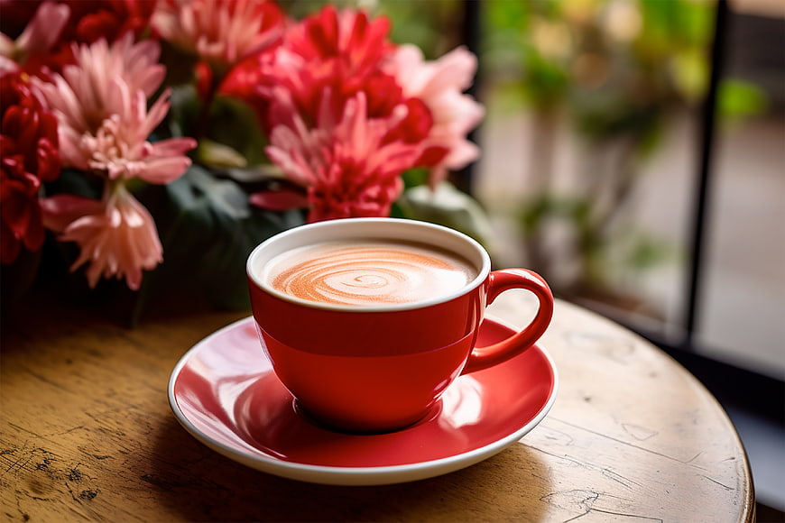 Red Coffee Cup with Latte Art and Pink Flowers