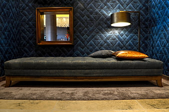 Luxurious Dark Blue Quilted Wall Lounge With Gold Accents