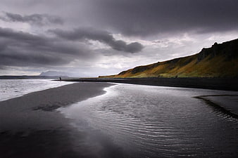 Dramatic Black Sand Beach Landscape with Moody Clouds