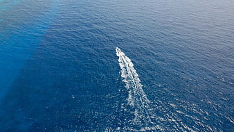 Aerial View of Speedboat Leaving White Wake on Blue Ocean