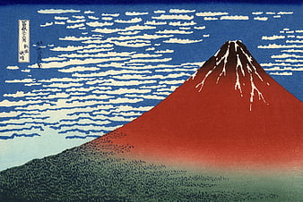 Classic Japanese Woodblock Print of Mount Fuji with Red Slopes and Clouds