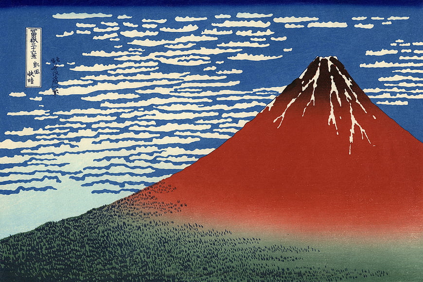 Classic Japanese Woodblock Print of Mount Fuji with Red Slopes and Clouds