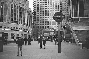 Black and White London Underground Sign in Urban Plaza