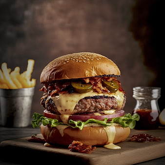 Juicy Gourmet Burger with Cheese and Bacon on Wooden Board