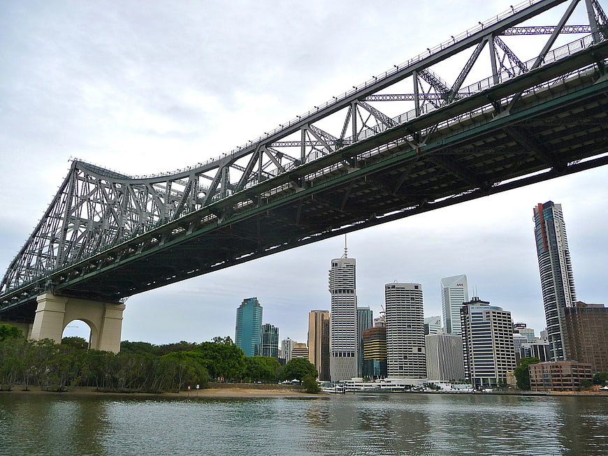 Low angle view of Sydney Harbour Bridge and city skyline
