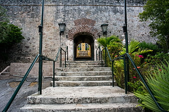 Stone Staircase Leading to Arched Entrance in Historic Fort