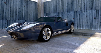 Blue Ford GT Concept Car in Industrial Garage