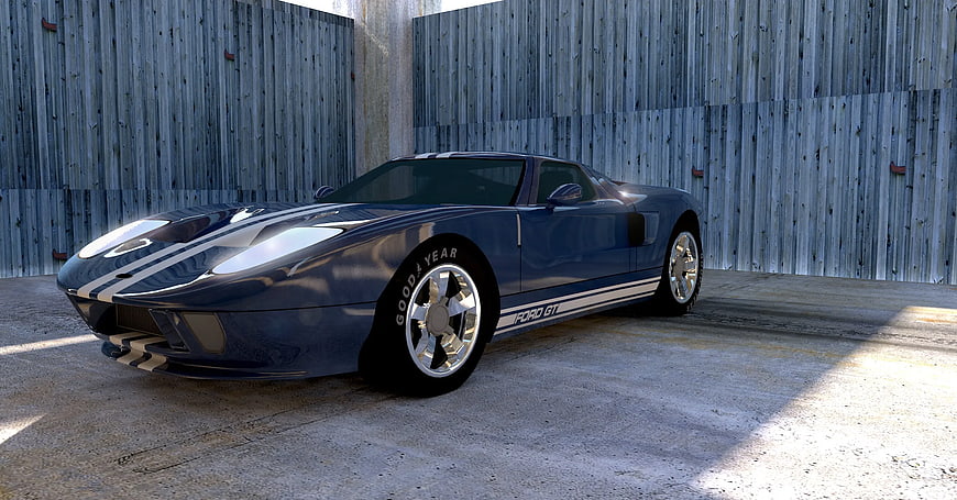 Blue Ford GT Concept Car in Industrial Garage