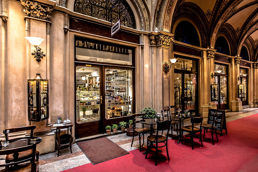 Elegant Vienna Cafe Interior with Arched Ceilings and Red Carpet