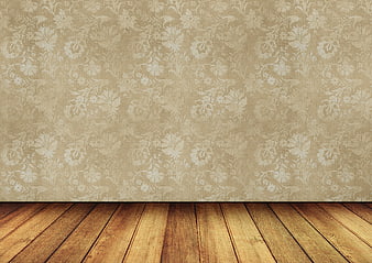 Empty Room Interior With Floral Wallpaper And Wooden Floor