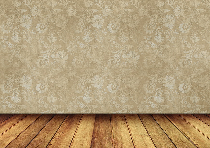 Empty Room Interior With Floral Wallpaper And Wooden Floor