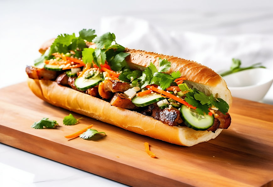 Fresh Vietnamese Banh Mi Sandwich on Wooden Board