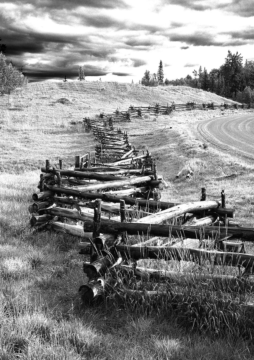Black and white rustic wooden split rail fence in grassy field