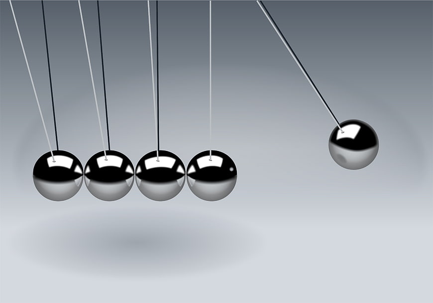 3D Newton's Cradle with Chrome Spheres on Gray Background