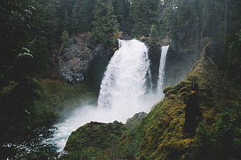 Majestic waterfall cascading through lush green forest landscape
