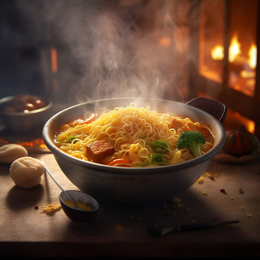 Steaming Bowl of Hot Asian Noodles with Vegetables