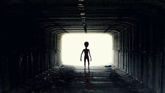 Silhouette of alien figure standing in dark tunnel