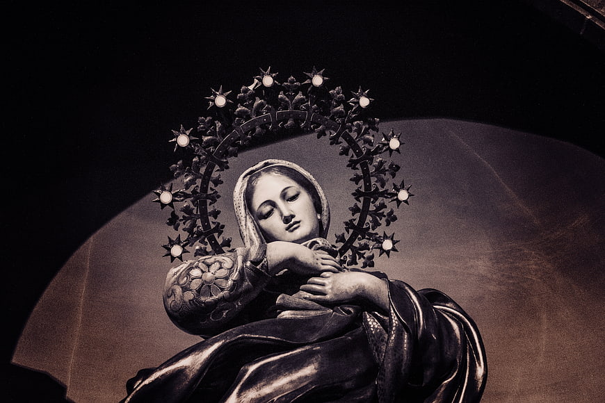 Sepia Statue of Virgin Mary with Crown in Church